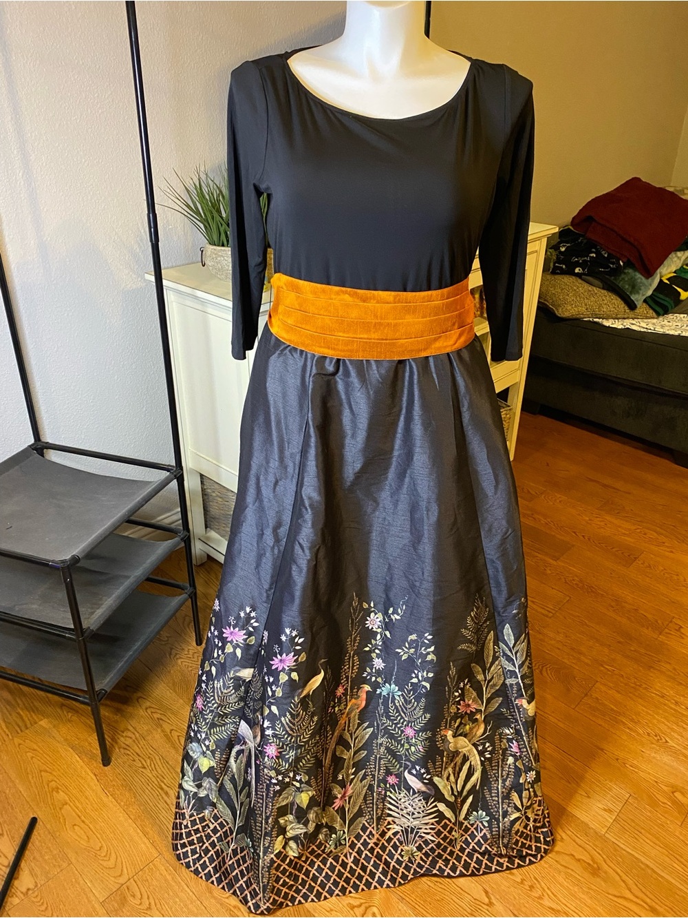 Black Maxi Skirt with Floral Border and Orange Waistband